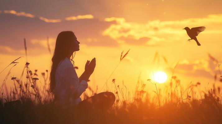 38962035-ai-gerado-mulher-rezar-e-livre-passaro-desfrutando-natureza-em-por-do-sol-fundo-esperanca-conceito-foto